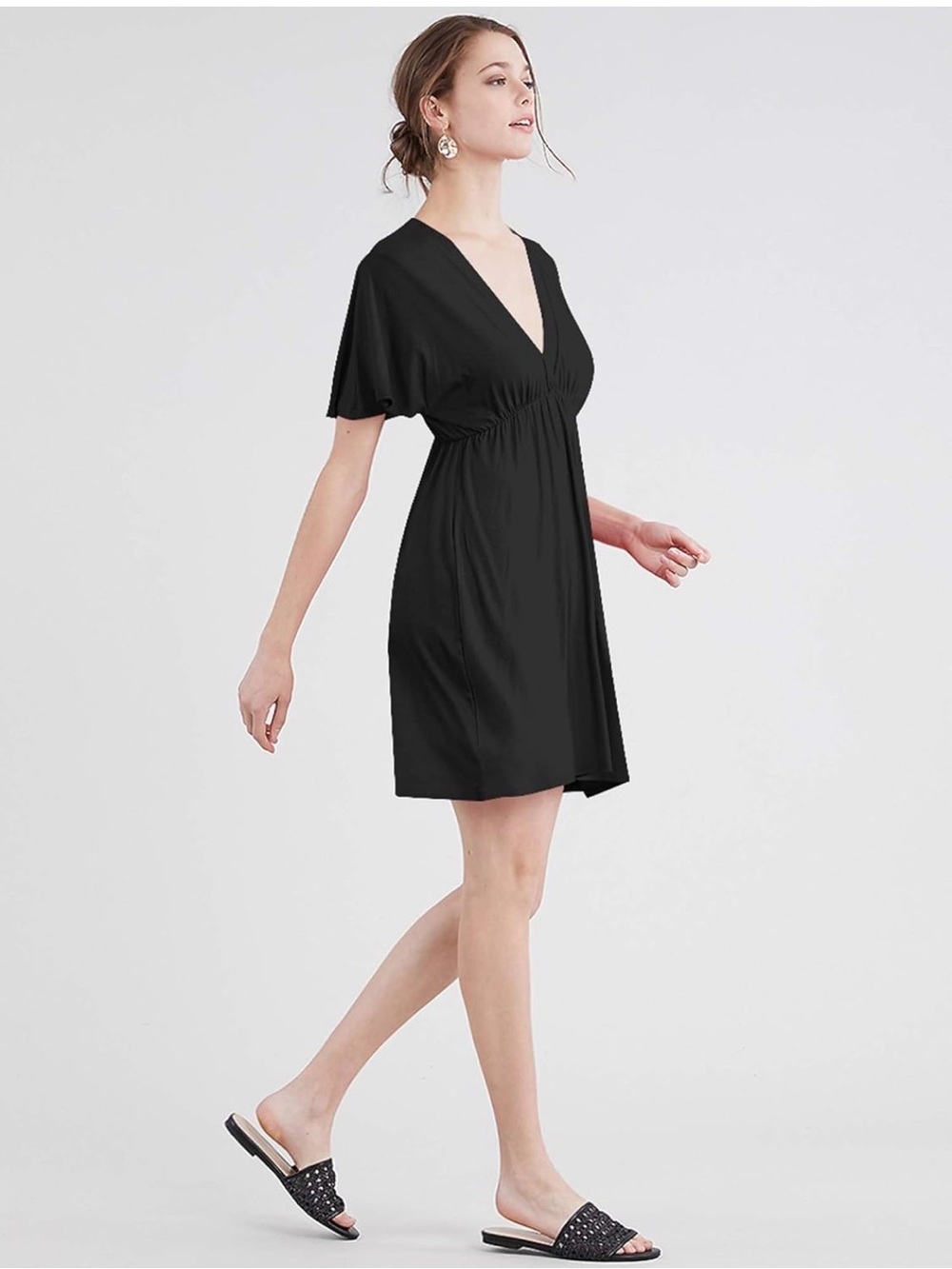 Black V-Neck Short Sleeve Empire Waist Dress